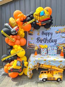 109 件/4 件建筑主题气球花环拱门套件，包含叉车、起重机、水泥车、挖掘机铝箔气球，适用于生日派对气球装饰、建筑主题派对、背景装饰 - 彩色 - 查看 4
