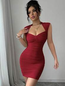 1 pieza Vestido ajustado con escote de corazón sin mangas y fruncido, elegante, de unicolor para mujer - Burdeos - Ver 4