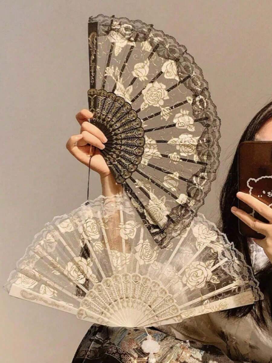 装饰扇，清爽的白色樱花手扇，带有金箔印花，休闲简约风格，适合日常和家庭使用