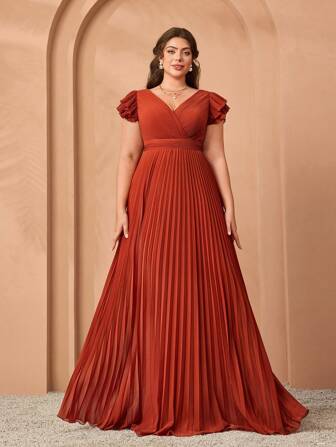 大码女式V领雪纺褶皱荷叶边袖长款伴娘晚礼服