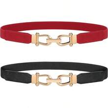 Women's Stretchy Elastic Skinny Belt With Gold Buckle - J-đen+đỏ - Xem 1