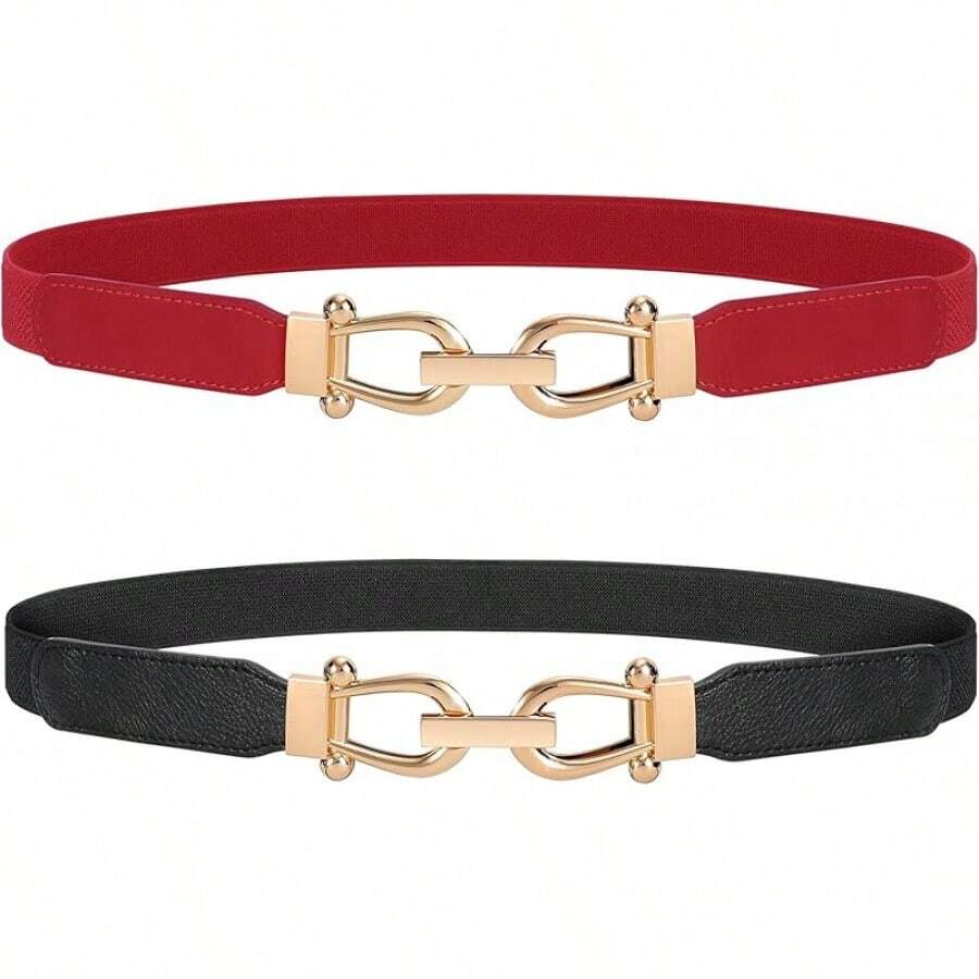 Women's Stretchy Elastic Skinny Belt With Gold Buckle - J-đen+đỏ - Xem 1