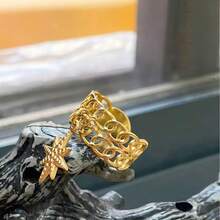1pc Titanium Steel Open Snowflake Pendant Ring, Suitable For Daily Wear, Christmas Gift - Yellow Gold - View 5