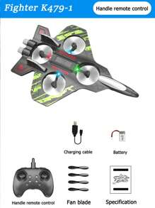 El avión de combate controlado por control remoto K479 ofrece la opción entre un control remoto con mando y un control remoto con sensor de gravedad. Está equipado con un sistema de ascenso/descenso con un solo toque, una función de giro de 360° y una función de vuelo en círculos.
