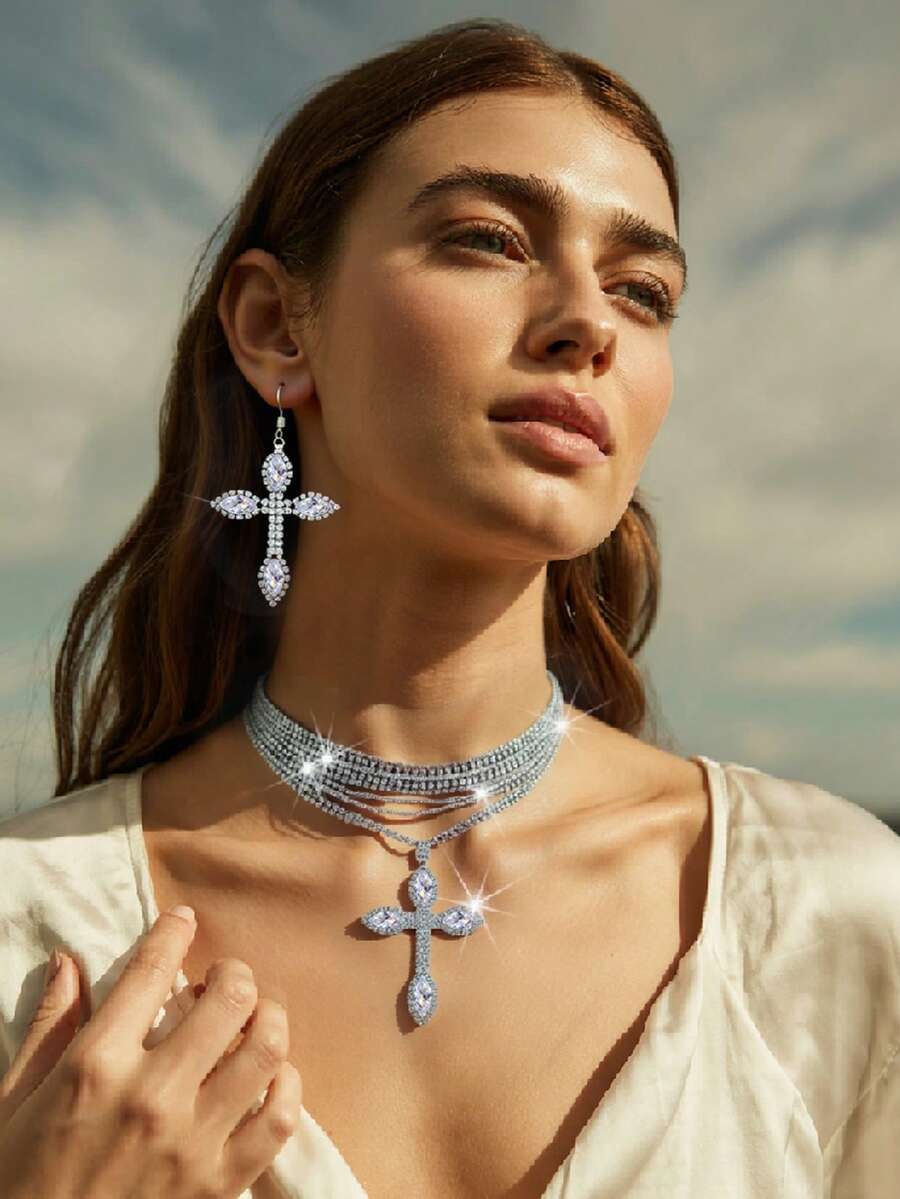 2 件水钻十字架项链和耳环套装，方晶锆石镶嵌闪亮时尚女士颈链首饰套装，适合派对、婚礼、夜总会