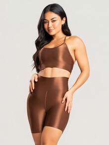 Women's Ribbed Gym Top And Shorts Fitness Set With Premium Shine - Rust Brown - View 3