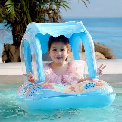 1件，23.62英寸，PVC材质。蓝色自由游泳婴儿遮阳充气游泳圈。