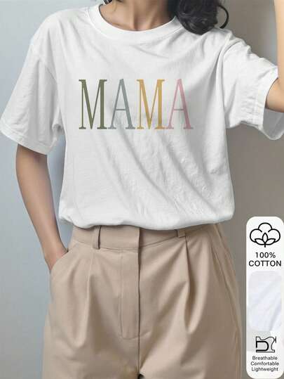 MAMA Letter Print 100% bawełniany, swobodny top z krótkim rękawem, koszulka graficzna, miękka tkanina, odzież bawełniana, odzież outdoorowa, nadrukowany wzór, letnia koszulka, koszulka damska, top, bluzka letnia, strój na wakacje, styl podróżny, klimat plażowy, minimalistyczny strój wypoczynkowy w kolorze białym