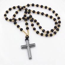 1 Stück Schwarzer Hämatit Kreuz Anhänger, Glasperlen Lange Kette, Gebet Taufe Halskette Für Männer Frauen, Christliches Geschenk