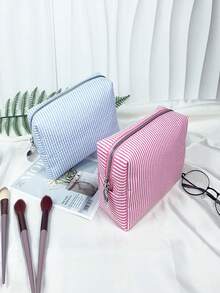 Necessaire de Tule com Listras, Bolsa Cosmética de Grande Capacidade, Organizador de Viagem com Listras Bordadas