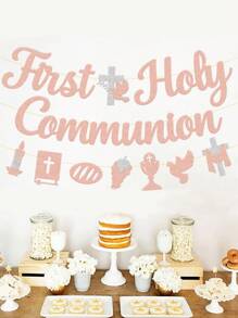 3pcs First Communion Banner, Baptism Religious Cross God Bless Christening Symbol Party Decorations, Shower Party Supplies