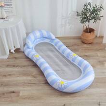 1pc PVC Daisy Pattern Pink & Blue Striped Inflatable Float Bed, Swimming Pool Water Beach Lounger, Beach Essentials, Beach Accessories