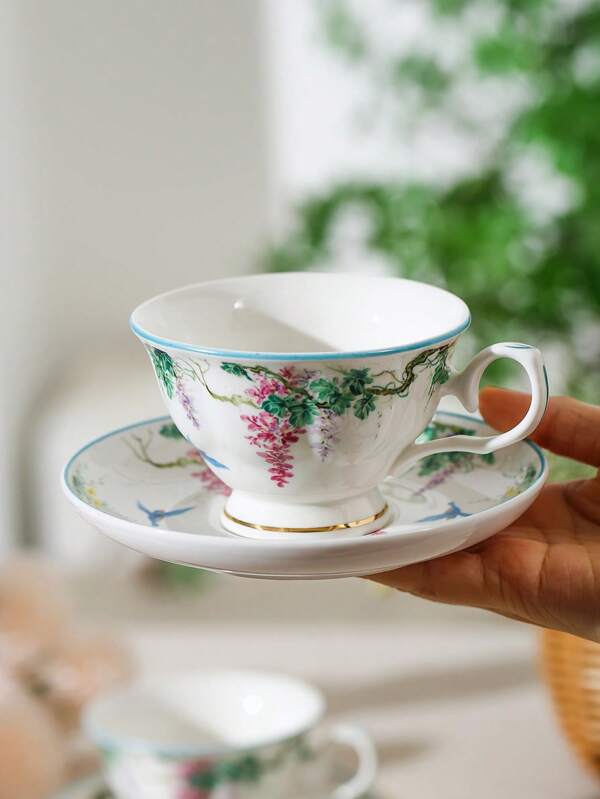 1 Set Green Vine & Bird Ceramic Coffee Cup And Saucer Set, French Floral Retro Exquisite Luxury Afternoon Tea/Water Cup/Latte Mug, Saucer Can Be Used As A Snack Plate, Suitable For Home, Party, Leisure, And Gift-Giving