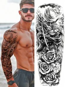 1 张超大全臂尺寸人体艺术临时纹身贴纸，适用于男士，花朵和马匹，尊贵的维京战士罗马领袖玫瑰图案，防水假袖纹身，持续 2-5 天，遮盖疤痕，可用于手臂手腕肩腿腰颈手胸部大腿手指，闺蜜情侣派对纹身 - 黑色 - 查看 2