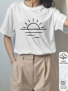 女士宽松T恤，太阳线印花，100%纯棉白色短袖，图案T恤，返校服装，校园穿搭灵感，返校必备单品，开学第一天穿搭，2026返校穿搭 - 白色 - 查看 3