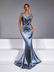 1pc Solid Color Elegant Backless Bodycon Dress With Side Zipper, Suitable For Valentine's Day Party - Dusty Blue - View 2