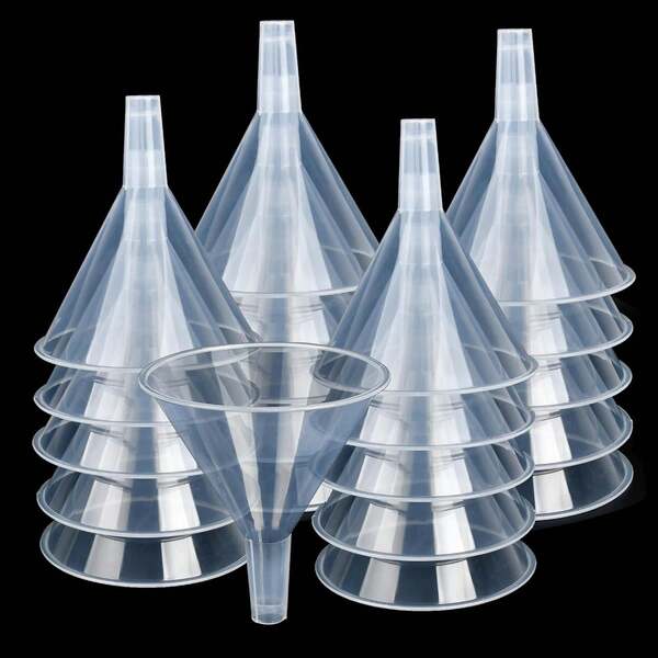 20 Stück kleine Trichter aus klarem Kunststoff, Mini-Trichter für Küche, Labor, Pulver, Kapseln, Öle, zum Befüllen von Flaschen, Urnen-Befüllungs-Set, ätherische Öle, Parfüm