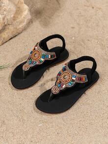 1 Pair Fashion Children's Rhinestone Sandals, Children's Beach Sandals, Bohemian Style, Handmade Rhinestone Sandals - Black - View 5