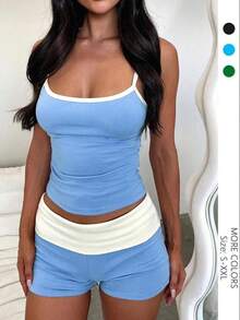 Two-Piece Set Women's Sports Cami Top & Colorblock High Waist Shorts Tracksuit Set, Casual Comfy Breathable Clothing Set For Yoga Gym Workout Running, Ladies Summer Sportswear, Workout Sets Women - Blue - View 1