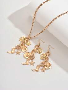 3 件西部牛仔风格靴子、牛仔帽、星星、心形、玫瑰金金属纹理多吊坠粗链项链，个性化女士金色金属首饰，适合休闲、度假、约会、礼物