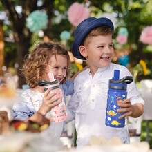 2 Pack Insulated Kids Water Bottle,  14oz Stainless Steel Water Bottles With  Straw Lid, -FREE Lead-Free Double Wall Leak Proof Drink Cups Flask For School (Blue Car +Blue Dinosaur) - 藍色恐龍園 - 查看 7