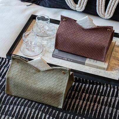 Woven Pattern PU Tissue Box European-Style Home Living Room Coffee Table Decor, Solid-Color PU Leather Tissue Box Holder, Nordic Simple Design, High-End Elegant Tissue Organizer For Modern Contemporary Minimalist Home Office Bedroom Aesthetic Decoration