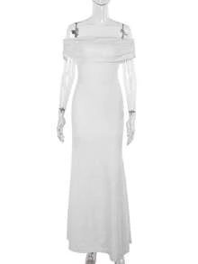 WOWDARK Women's Solid Color Jacquard Off-Shoulder Fishtail Hem Fitted Dress, Fashionable For Autumn - White - View 5