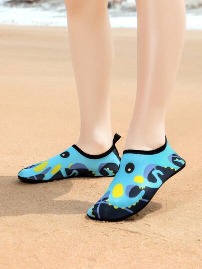 1 Pair Kid's Lightweight Slip-On Water Shoes, Elastic Upper With Cartoon Pattern, Anti-Slip Durable Sole, Suitable For Beach, Exercise, Yoga, Running, Indoor/Outdoor, Quick Drying, Summer