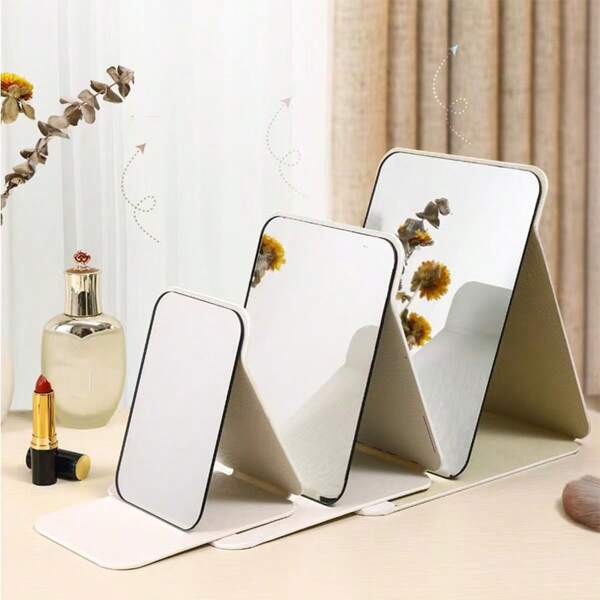 1pc PU Portable Folding Vanity Mirror, Desktop Makeup Mirror With Swivel Stand, Square Full Screen Compact Mirror For Student Home Decor Back To School Room Decor School Supplies