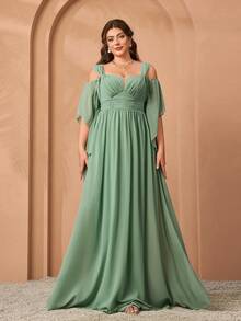 Mgiacy New Elegant Off-Shoulder Ruffle Chiffon Dress, Plus Size Bridesmaid Gown - màu xanh lá - Xem 5