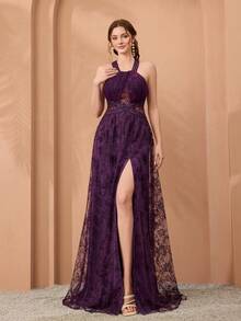 花卉蕾丝边细肩带透视刺绣A字开叉下摆晚礼服 - 紫色 - 查看 4