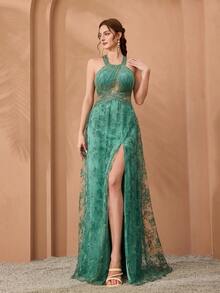 Anpoket 荷叶边细肩带 V 领刺绣透视蕾丝喇叭下摆礼服 - 薄荷綠 - 查看 5