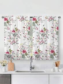 2 pièces Rideaux imprimés de fleurs aquarelle botaniques de printemps, sans trous, convient pour la chambre, le bureau, la cuisine, le salon, l'étude, décoration d'intérieur