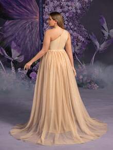 Faeriesty Dressalisa Elegant Plus 孕妇单肩无袖网眼覆盖连衣裙，适合夏春场合（婚礼嘉宾、正式晚宴、花园派对、孕妇写真、晚会） - 香檳色 - 查看 3