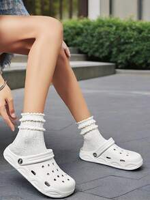 男女通用透气一脚蹬凉鞋，舒适包头家居拖鞋，适合室内/室外穿着，夏季 - 白色 - 查看 3