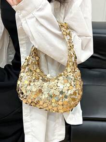 1件装绗缝拉链PVC亮片新月形手提包，时尚亮片手提包，女士时尚晚宴手拿包，新款多功能闪亮大容量派对包，发光半圆形手拿包，适合女士出席宴会和派对，亮片 - 金色 - 查看 7