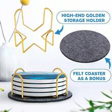 Juego de 4 posavasos de estilo de mármol de cerámica absorbente con soporte de metal dorado para protección de mesa, decoración del hogar, regalo para el Día del Padre, color blanco, redondo, 4 pulgadas marca - Azul - Ver 5