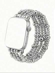 1pc Fashion Beaded Bracelet Smart Watch Strap, Elastic Rope Fashionable And Cute, Compatible With Apple Watch Band Compatible With Apple Watch Strap Women, Compatible With Apple Watch38/40/41/42/44/45/46/49mm, Compatible With Apple Watch Series Ultra/SE/10/9/8/7/6/5/4/3/2/1,Suitable For Gifting Friends Girlfirend Mother's Day Valentine's Day Style(Strap Only, Watch And Case Not Included) - Silver - View 3