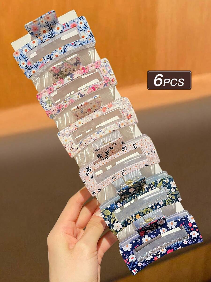 6个彩色碎花图案优雅中号方形发爪夹,高品质日常发饰,推荐礼品,美颜发爪夹,秋冬季度假装扮女士花朵发夹,夏季、假日、旅行、节日、派对适用。 - 彩色 - 查看 1