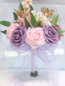 1pc Gorgeous Color Block Design Wedding Bouquet, Bride/Bridesmaid Handheld Flower, Roses With Ribbons & Lace Valentine's Day Accessories - White - View 18