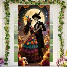 1 pezzo Striscione decorativo con sfondo floreale in stile messicano, caratterizzato da teschi, ballerini, fiori e la luna, adatto per il Giorno dei Morti, feste di Ognissanti e costumi da festa, temi universali - Multicolore - Visualizzare 5