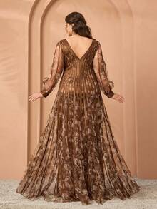 Rochie maxi de înaltă calitate, cu decolteu în V, mâneci lungi, imprimeu din plasă, potrivită pentru evenimente Black Tie