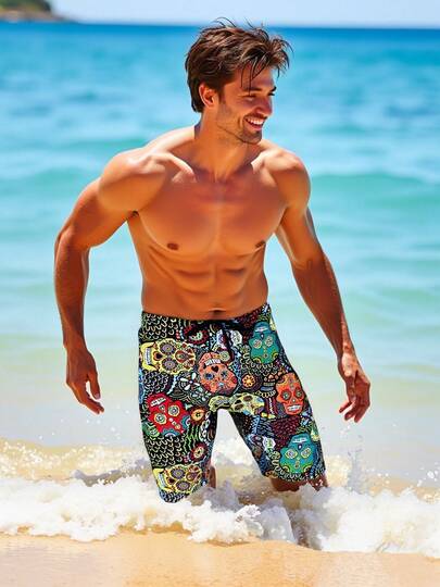 1pc Fashionable Printed Design Men's Mid-Thigh Swim Trunks, Breathable Anti-Embarrassment Anti-Flashing Swimming, Surfing, Running, Beach Vacation Shorts