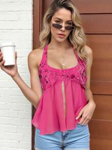 Women Sleeveless Halter Tops Summer Split Hem Tie Up Backless Sequin Embroidery Shirts For Streetwear