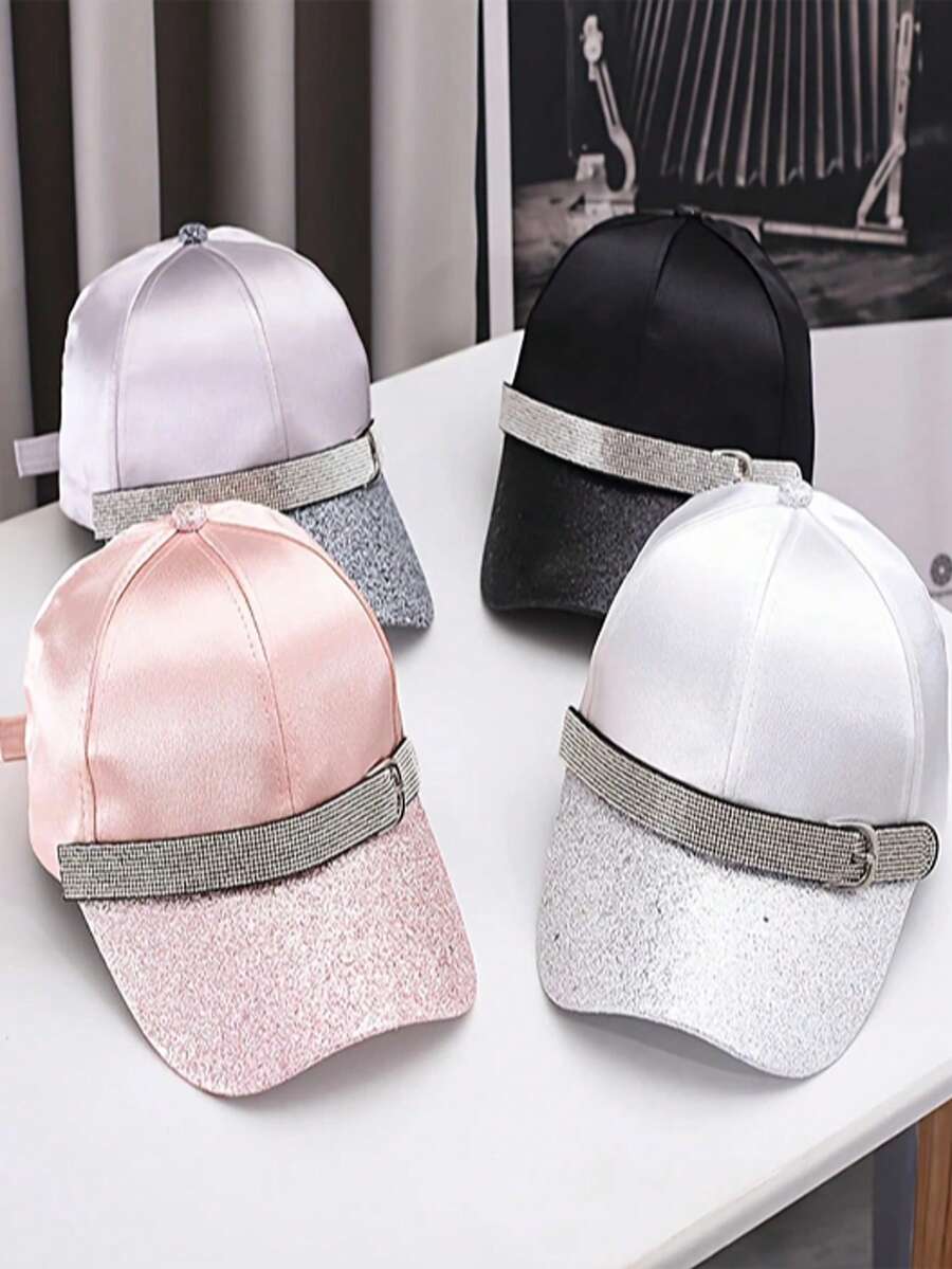 1pc Fashionable Women Rhinestone Embellished Casual Adjustable Baseball Cap - Sun Protection And Stylish Peaked Hat With Sparkling Button - Multicolor - View 1