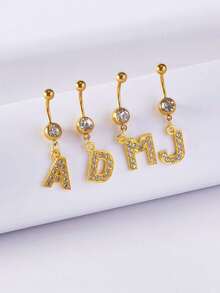 1pc Fashionable Classic 26 Letter Shape Pendant Goldtone Stainless Steel Navel Ring With Shiny Cubic Zirconia, Minimalist Style Body Piercing Jewelry Suitable For Women Daily Wear - Yellow Gold - View 5