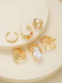 6 件 CCB 夸张性感奢华花朵戒指套装，不对称仿珍珠设计可调节女士戒指，适合日常、派对、婚礼佩戴，可作为送给女友、朋友的珠宝礼物 - 金色4 - 查看 2