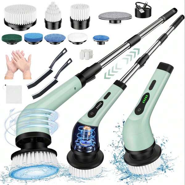 2025 13-In-1 Electric Rotary Scrubber, Dual Adjustable Speed Cordless Electric Scrubber For Cleaning, Adjustable And Removable Handle Shower Scrubber With 9 Replaceable Brush Heads For Floors, Bathrooms, Tubs, Tile,Halloween Gifts