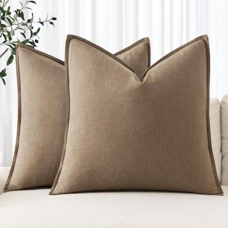 Local Delivery- Decorative Linen Pillow Covers 18x18 Inch Natural Beige Boho Farmhouse Neutral Couch Throw Pillows For Bed Pack Of 2 Accent Outdoor Pillowcase Modern Sofa Cushion Livingroom Home Decor - 卡其色 - 查看 1