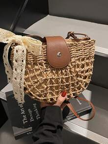 波西米亚风半月形草编包，时尚优雅的女士单肩包，2024 年夏季海滩的时尚配饰，适合返校时尚，非常适合清爽的秋季日常使用